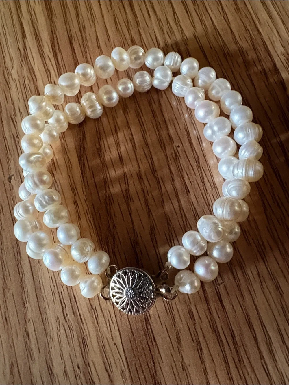 VINTAGE FRESHWATER BAROQUE WHITE PEARL 2-STRAND SILVER SLIDER CLASP 7.5